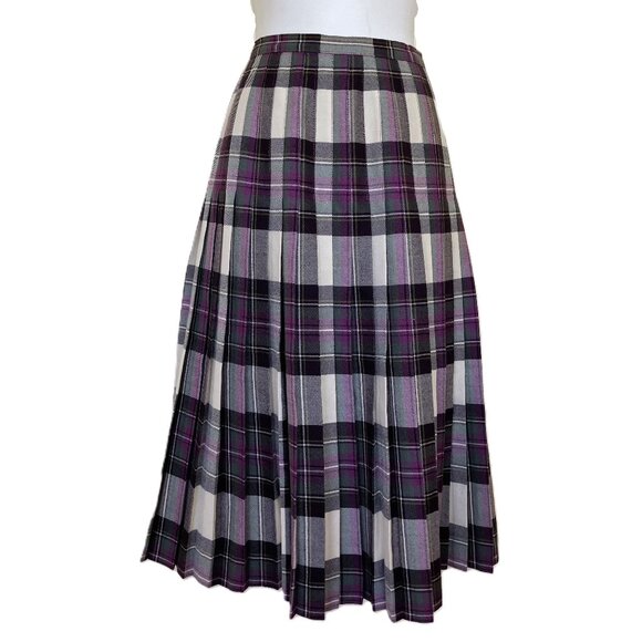 Aljean Wool Plaid Pleated Kilt Skirt Purple Tartan Vintage Made in Canada - Picture 2 of 7